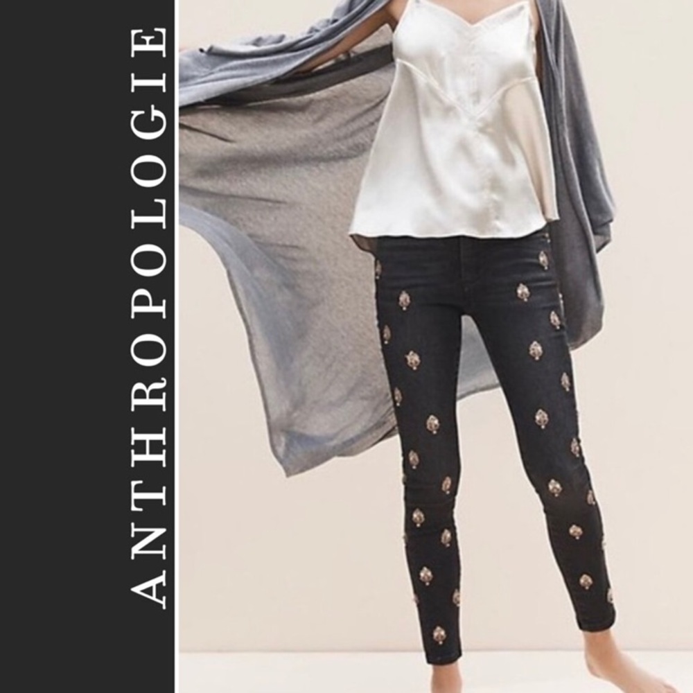 Anthropologie- Pilcro Black Midrise Jeweled Script Skinny Ankle Jeans